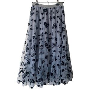 Light Blue Tulle Velvet Flora Lined A-Line Midi Skirt Sheer Women's Fairycore XS